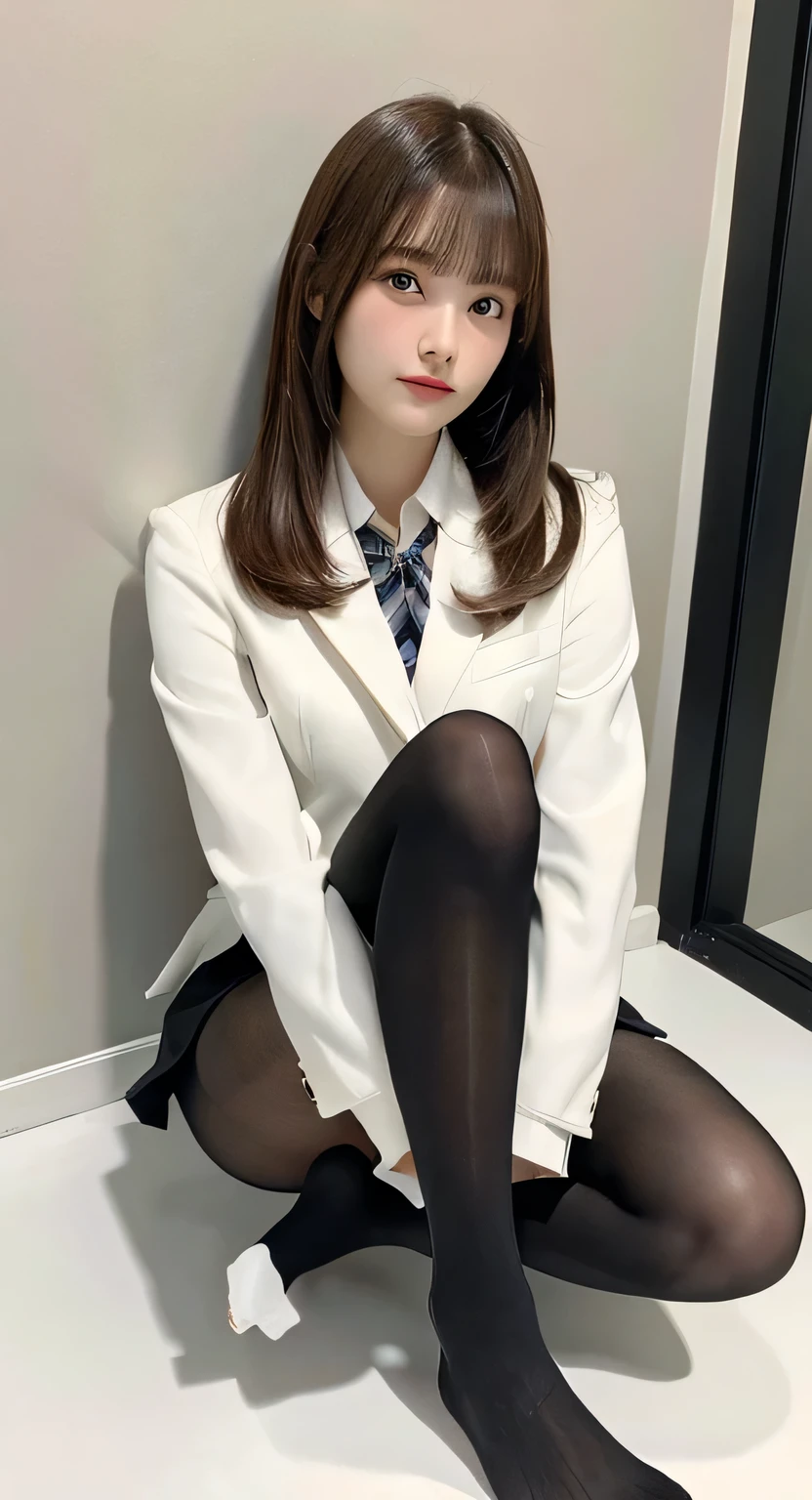 highest quality, masterpiece, High resolution, (Head to Toe full body), front, frontComposition from slightly below, Symmetric, 18 year old tall girl, alone, (Head to Toe), (Small breasts), Unkempt brown hair, bangs, (black tights), (Black Pantyhose), (Sit with your legs apart), (Crouching pose), (Composition depicting white panties), (Her legs were spread、I see your white pants.), (I was made to sit on the floor with my legs spread...), (M-shaped feet), Thin legs, A very beautiful and tall 18 year old girl, (No shoes), 笑顔Looking at the camera, Blazer Uniform, Checkered Pleated Skirt