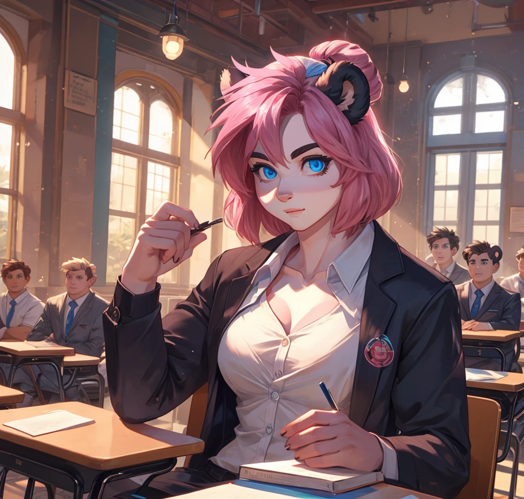 ((best quality)), ((masterpiece)), (detailed), perfect face, panda woman, big body, pink skin, short quiff pink hair, blue eyes, perfect eyes, handsome, open shirt at school big dick, snfw