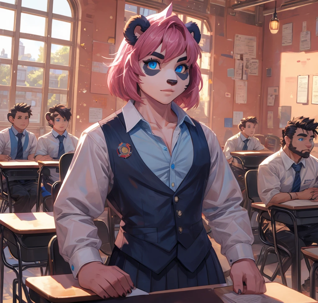 ((best quality)), ((masterpiece)), (detailed), perfect face, panda woman, big body, pink skin, short quiff pink hair, blue eyes, perfect eyes, handsome, open shirt at school big dick, snfw