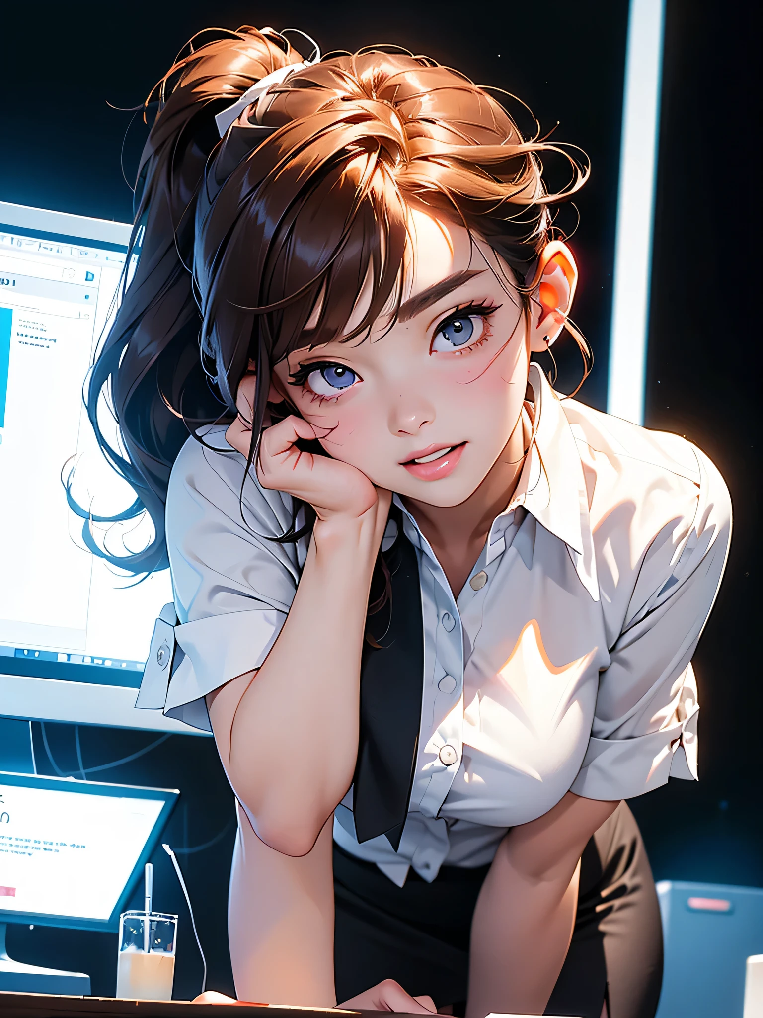 masterpiece、high resolution 8k、NSFW、Colorful light lighting、sharp focus、fine skin、 highest quality、Ultra - High resolution、Super high resolution、Highly detailed CG、theme,full body shot、office room with bosany large monitors、Computer on desk、transaction、document、stock、chart screen、Female OL、woman bending down paper、beautiful black eyes、(Detailed face and iace:1 2)、Clean pupils、almond eye)、(reddish brown hair、Medium short ponytail、high top fade:1.3、asymmetrical bangs)、(id card strap)、(Blazer for office wear shortage、white cutter shirt、black pencil skirt、pumps)、(gross、glossy lips、 size) 、(oval face : 1.4)、(thin fingers、fine arms、detailed human hand)、laughter、open your mouth、teeth visible, sexy lady, big ass, big milk, short skirt, close-fitting, high sexual, aurora and stars background, night sky, black stocking, black underwear, ใส่ถุงน่องสีดำยาวถึงต้นขา, ใส่ชุดชั้นในสีดำ