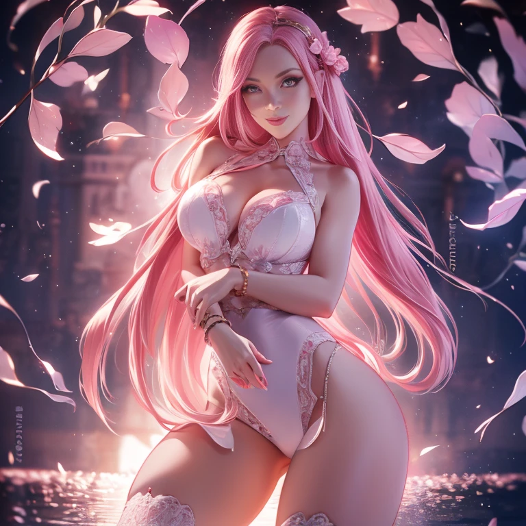 (artwork, highest quality, highest resolution, distinct_image, detailed details): (8K, 4K, best quality, High resolution: 1.2), artwork, Ultra-detailed, hyper details, cinematic Light, Alone, woman, pink hair, perfect body, thin waist, smile, perfect face, full body, looking at the viewer, detailed_background, full_body, (sexy, hot: 1.0)