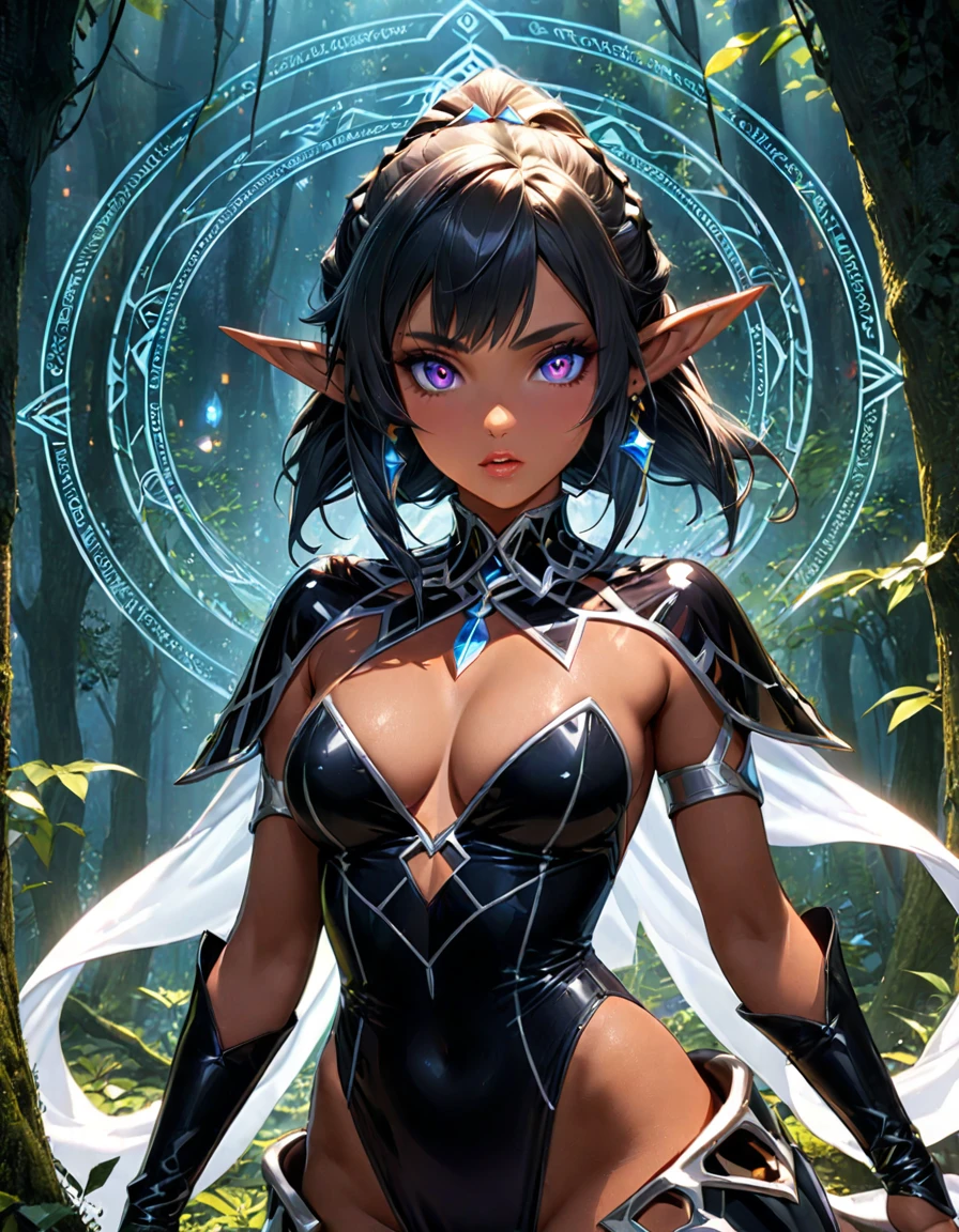 Detailed textures, high quality, high resolution, high accuracy, realism, color correction, correct lighting settings, harmonious composition. cover of the art book "Harlequin dreamer" black elf girl, in an elf costume on a futuristic background, 1 girl, chest, black hair, dark skin, black hunter costume, elf ears, mystical beauty, dagger in hand, stern look, parted lips, mystical eyes, jewelry, earrings, solo, cleavage, curvaceous, looks at the viewer, sexy clothes, stands in a mystical forest, fantasy forest, night lights,at night, dark ef, Artoria Custer (third ascension), Magic circle, Circle mantra, fantasy, white hell