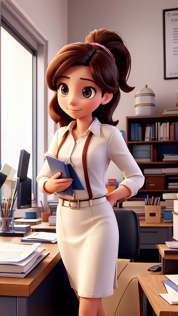 a young woman, in an office, she is passing by her colleague's office and sees papers on the table
