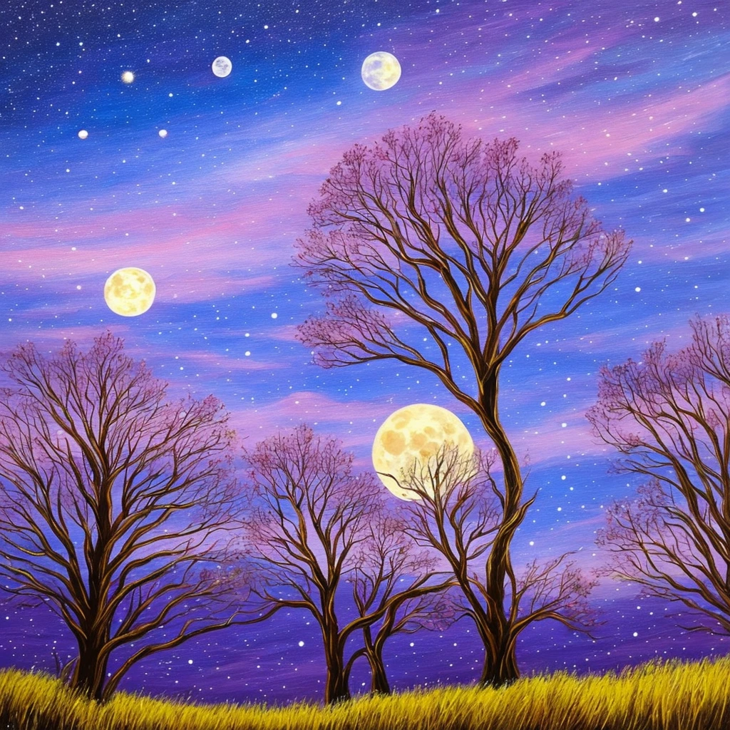 a painting of a purple and blue sky with trees and a full moon, an acrylic painting inspired by Bob Ross, tumblr, space art, cosmic purple space!, detailed dreamscape, cosmic landscape, colorful night sky, violet sky, galaxy sky, cosmic starry sky, detailed acrylic painting, cosmic and colorful, cosmic skies, moonlit purple sky, stary night painting