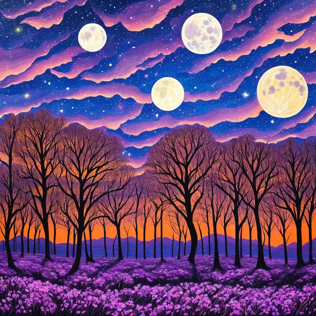 a painting of a purple and blue sky with trees and a full moon, an acrylic painting inspired by Bob Ross, tumblr, space art, cosmic purple space!, detailed dreamscape, cosmic landscape, colorful night sky, violet sky, galaxy sky, cosmic starry sky, detailed acrylic painting, cosmic and colorful, cosmic skies, moonlit purple sky, stary night painting