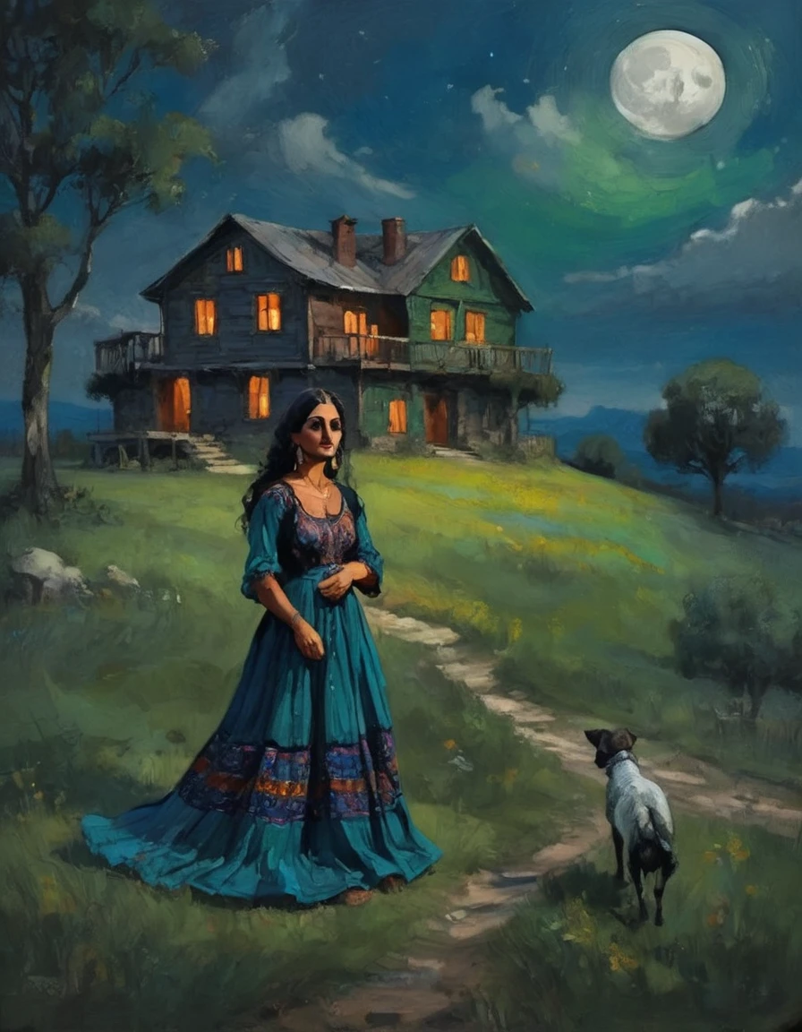 centralized oil painting a lpanoramic view of with a beautifull night landscape and one rustic house, full body a beautiful gypsy woman wearing a blue and dark green dress (4:8), acentuade collors, walking in front a house, night sky with full moon, night shadows,magnificent oil painting, artstation style, fantasy art style by Abigail Larson, high detail, 8k, style midjourney