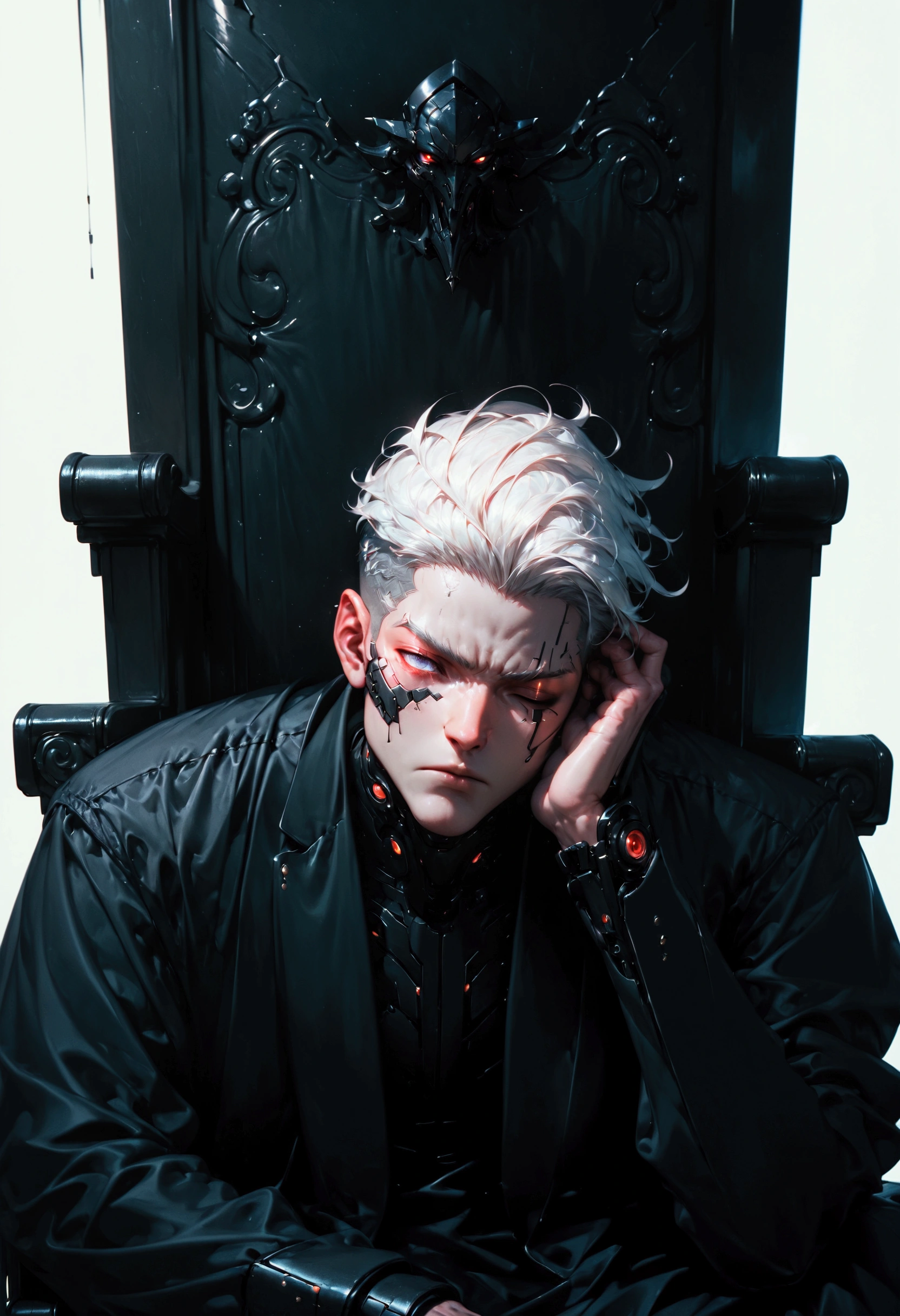 (score_9, score_8_up, score_7_up), zPDXL, 1 man, alone, facing forward, iron chair, black throne, black suit, black stripe on face, one eye closed, arms on sides, white hair, disheveled, cyberpunk, serious and thoughtful face, intimidating, simple background, white background with cables falling down, adult male, looking at the ground, dark aura, (black line on face), (arms resting on throne)
