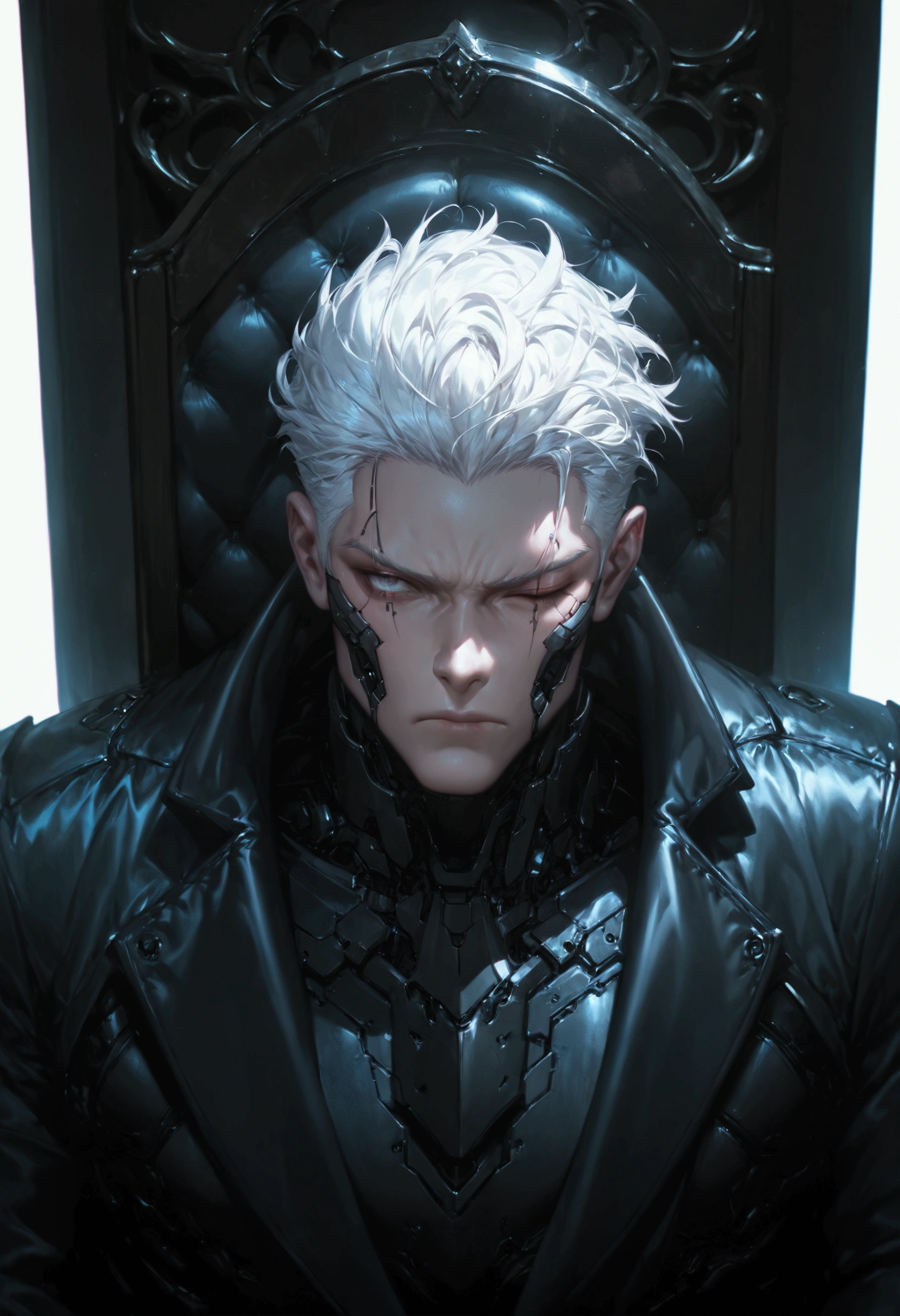 (score_9, score_8_up, score_7_up), zPDXL, 1 man, alone, facing forward, iron chair, black throne, black suit, black stripe on face, one eye closed, arms on sides, white hair, disheveled, cyberpunk, serious and thoughtful face, intimidating, simple background, white background with cables falling down, adult male, looking at the ground, dark aura, (black line on face), (arms resting on throne)