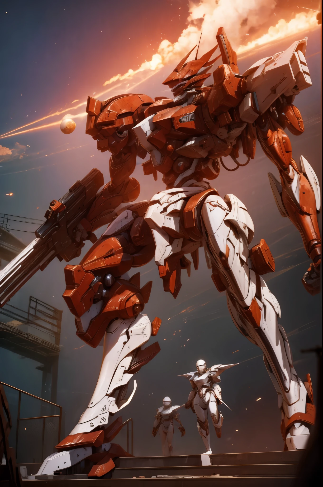 (work of art, best qualityer:1.7)Mech with inverted trapeze body. triangular head, with black electronic details. (Pintura rusty white:1.7). Carrying two grenade launchers in his hands as his main weapon and carrying two submachine guns on his legs as secondary weapons. Extremely detaild, 4k uhd, HDR, naturallight, cinematic lighting, masterpiece-anatomy-perfect, ultra HD, Space Combat, Battlefield, RAW photo, metallic, ultra-fine painting, perfect body proportions, anatomically correct, real texture material, Anti-Aliasing, TXAA, SSAO, Post Processing, Post Production, Tone Mapping, CGI, VFX, SFX, hyper maximalist, ultra photorealultra-detailed intricate details.