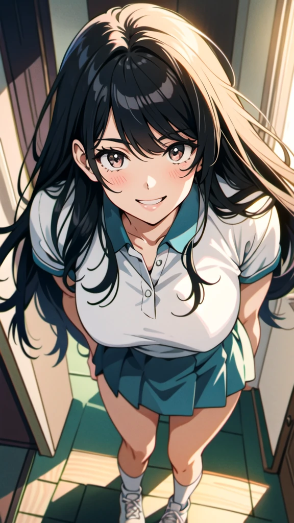 One girl, solo,Short sleeve、 White polo shirt, White knee-high socks、White sneakers, mini skirt, masterpiece, The best quality at its best, Realistically, Super detailed, (Glossy Skin), Full body standing, View your viewers, Black Hair、Long Hair、Beautiful Lips、Very large breasts、Courtship face、Smiling with teeth showing、((near))、Dynamic light and shadow with brown eyes,High resolution,Sharp focus,Depth of written boundary,The eyes are delicate,Sharp pupils,Student,(Mid-breasted),(Thighs are straight)