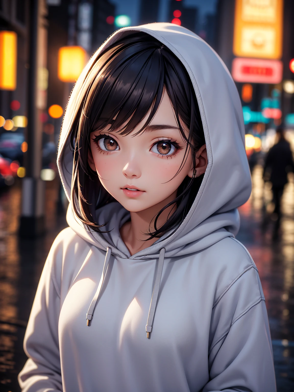 rich in detail:1.5, high resolution, Natural strokes and colors, natural lighting, face detailed, detailed hair, eye detailed, detailed nose, detailed lips. an adult and beautiful girl:1.9, wearing a sweatshirt, wearing a hoodie, City raining at night, wet hair wet skin.