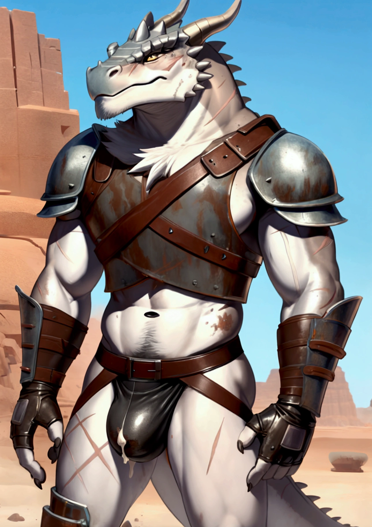 Solo Sexy anthro scalie dragon male mercenary medieval solider, slim endomorph muscular handsone model male apperance, sword scars, worn out rusty skimpy armament, low on hips heavy leather belt, old very worn out skimpy dirty white linen white material jockstrap, old yellow died out cum dirty worn out stains on white jockstrap, studded skimpy armlets breastplate armor, skimpy breastplate, leather bondages, fingerless leather gloves, smelly unwashed husk, dirty body look, blooded husk, blooded armor, desert battlefield, standing in sexy fighting position, close view of full character