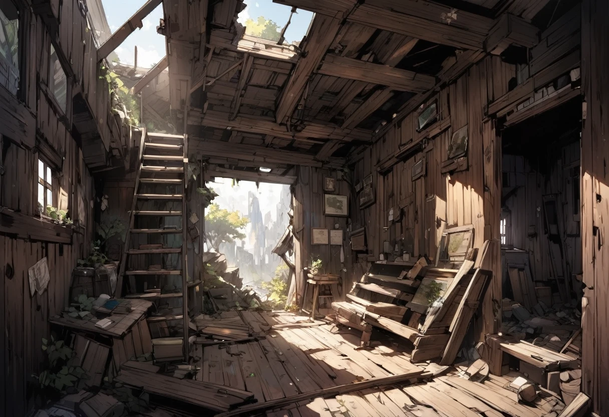 Inside the dilapidated wooden captain&#39;s cabin, Liquor bottles are scattered around