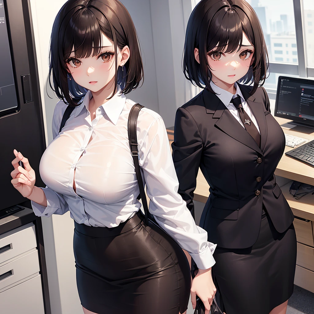 beautiful girl, Brown eyes, dark hair cut into a bob, dressed in an office suit (skirt, shirt), big bust and gorgeous pelvis