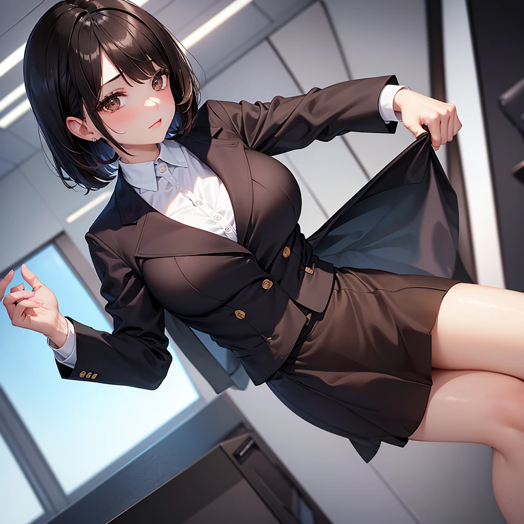 beautiful girl, Brown eyes, dark hair cut into a bob, dressed in an office suit (skirt, shirt), big bust and gorgeous pelvis