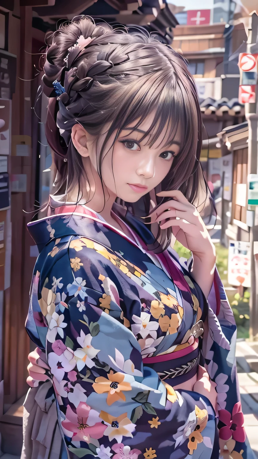 1 girl、in Tokyo street、Summer cityscape、Wear a Japan yukata、Upper body、Close-up、Old-fashioned Japanese model(8k、RAW Photos、Highest quality、masterpiece:1.2)、(Realisticな、Photorealistic:1.37)、Highly detailed eyelash drawing、(((Best image quality))),huge 、Fine skin, (Beautiful Hair), (perfection Anatomy), (Realistic), (Dynamic Angle), Seductive pose,perfection,Sensual look、Highest quality、High resolution, Smooth Hair，Fine hair，Very fine hair，A fragile girl,Sunset Time,