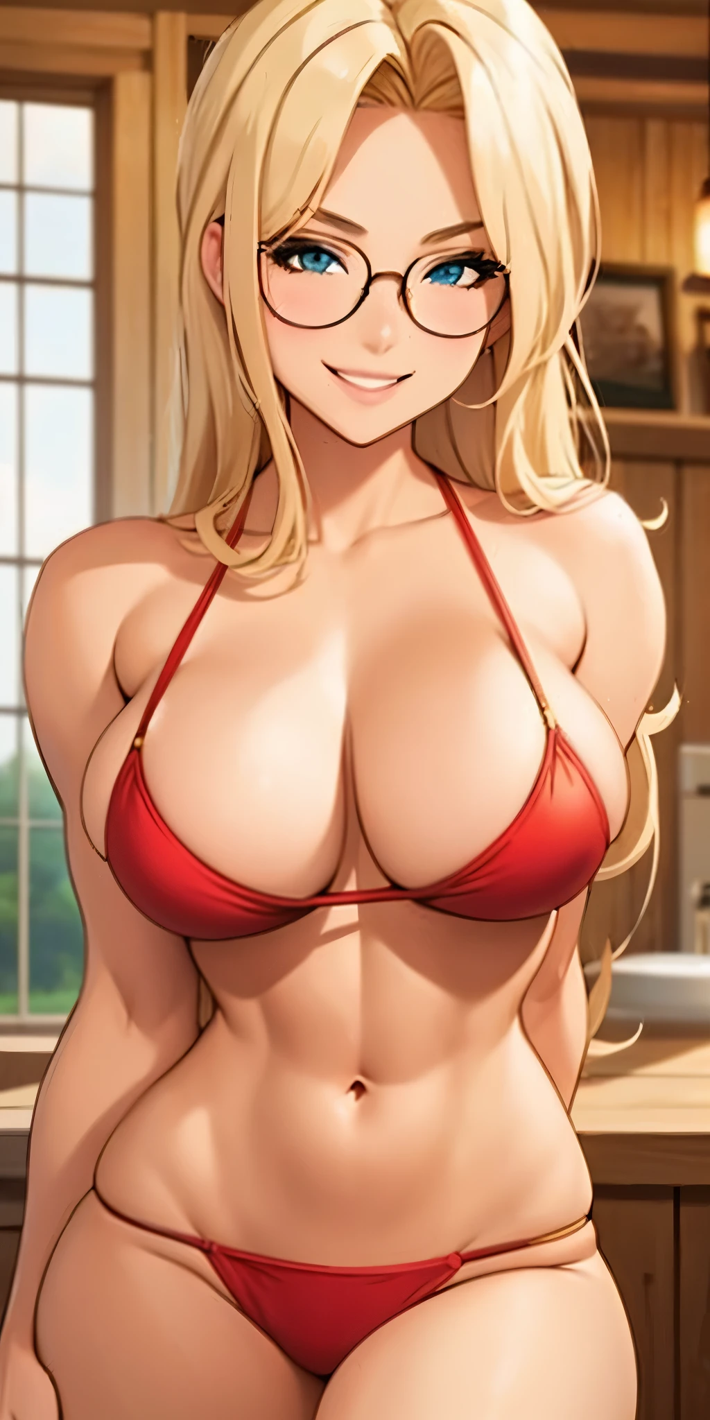 Beautiful blonder, blonder hair, Muscular woman, with glasses, sexy, smile, farm