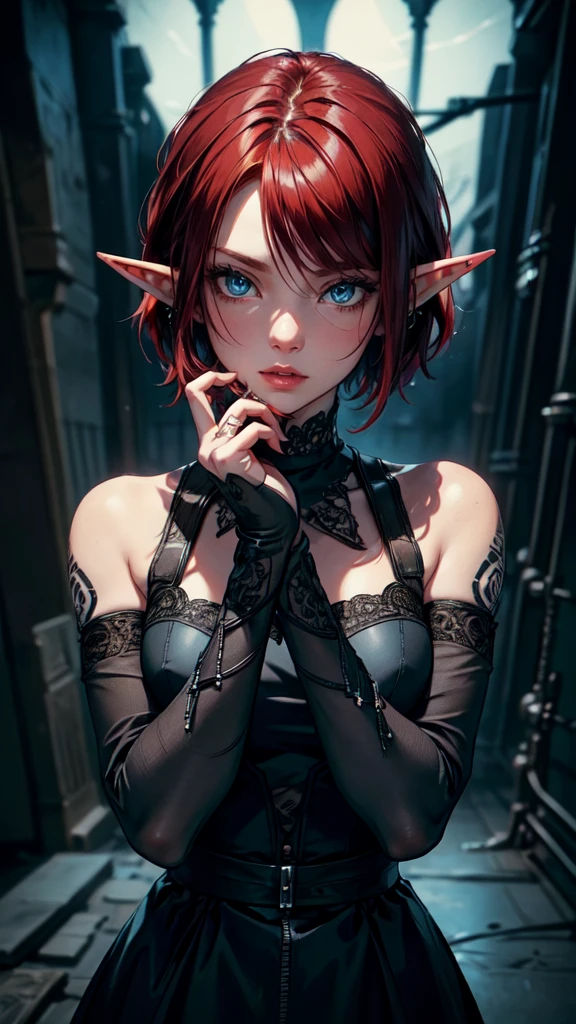 (masterpiece), best quality, emo, emo girl,sadgirl, red hair,cute, tatto, close up,short hair, blue eyes, black clothes, sensual, glowing eyes, asthetic,style, stylish,detailed eyes, detailed hands, detailed face, drops of water, drops, full body, elf woman