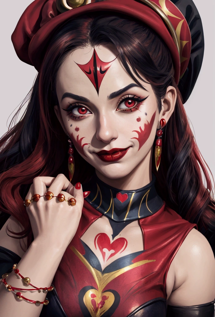 a close up of a woman in a costume with a red and gold suit, wearing a red and black jester hat with a black top, jester hat, fancy funny hat, artgerm julie bell beeple, clown girl, portrait of modern darna, artgerm and lois van baarle, harley queen, jester, artgerm colorful!!!, jester themed, artgerm style, artgerm detailed, portrait of harley quinn