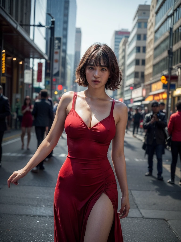 (full-length shot:1.5), (Best quality:1.5), 23y, 1girl, indonesian, (big breast), (red maxi dress), (cute face:1.4), wavy short hair blowing in the wind, (bangs:1.2), trapped in the hustle and bustle of the city, motion blur effect, dramatic moment, kodacrhome, cinematic dark lighting, beautiful shadow and sunlight expossure, aesthetic, ultra highres, sharp focus, highly detailed, realistic face and skin, surreal view, shot by eos c with 35mm lens f2.0, (angle shot fom below:1.3), Portrait by annie leibovitz, perfect anatomy, perfrect object