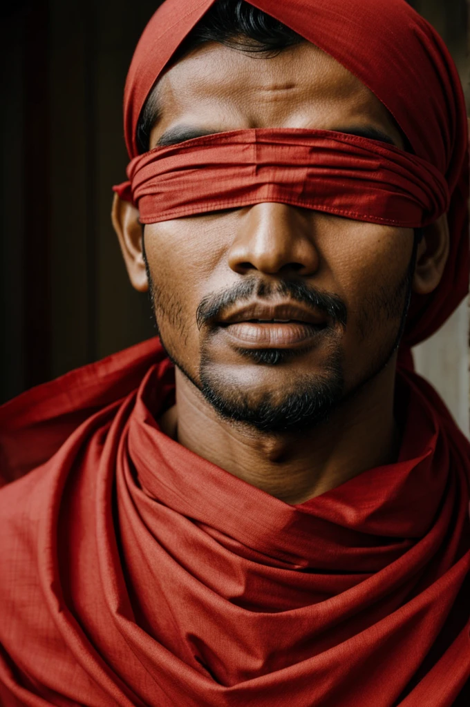 A Bangladeshi men who is  blindfold and mouth taped by red cloth 