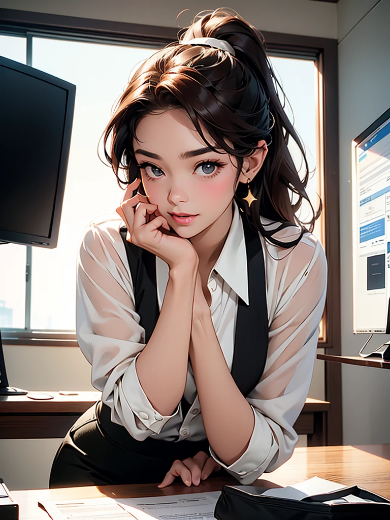 masterpiece、high resolution 8k、NSFW、Colorful light lighting、sharp focus、fine skin、table top、 highest quality、Ultra - High resolution、Super high resolution、Highly detailed CG、theme,full body shot、office room with bosany large monitors、Computer on desk、transaction、document、stock、chart screen、Female OL、woman bending down paper、beautiful black eyes、(Detailed face and iace:1 2)、Clean pupils、almond eye)、(reddish brown hair、Medium short ponytail、high top fade:1.3、asymmetrical bangs)、(id card strap)、(Blazer for office wear shortage、white cutter shirt、black pencil skirt、pumps)、(gross、glossy lips、 size) 、(oval face : 1.4)、(thin fingers、fine arms、detailed human hand)、laughter、open your mouth、teeth visible, sexy lady, big ass, big milk, short skirt, close-fitting, high sexual, aurora and stars background, night sky, black stocking, black underwearหน้าม้าระหว่างตา, ผมสีแดง, ผมไล่สี, ผมยาวมากๆ, ผมทัดหูข้างเดียว, หน้าอกใหญ่, ต่างหูรูปพระจันทร์เสี้ยว, หน้าแดง, ยิ้ม, นัยน์ตาสดใส, ปัดแก้มอ่อนๆ, จ้องมอง, เครื่องประดับ,