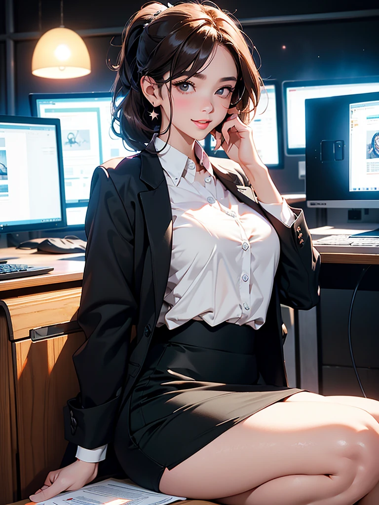 masterpiece、high resolution 8k、NSFW、Colorful light lighting、sharp focus、fine skin、table top、 highest quality、Ultra - High resolution、Super high resolution、Highly detailed CG、theme,full body shot、office room with bosany large monitors、Computer on desk、transaction、document、stock、chart screen、Female OL、woman bending down paper、beautiful black eyes、(Detailed face and iace:1 2)、Clean pupils、almond eye)、(reddish brown hair、Medium short ponytail、high top fade:1.3、asymmetrical bangs)、(id card strap)、(Blazer for office wear shortage、white cutter shirt、black pencil skirt、pumps)、(gross、glossy lips、 size) 、(oval face : 1.4)、(thin fingers、fine arms、detailed human hand)、laughter、open your mouth、teeth visible, sexy lady, big ass, big milk, short skirt, close-fitting, high sexual, aurora and stars background, night sky, black stocking, black underwearหน้าม้าระหว่างตา, ผมสีแดง, ผมไล่สี, ผมยาวมากๆ, ผมทัดหูข้างเดียว, หน้าอกใหญ่, ต่างหูรูปพระจันทร์เสี้ยว, หน้าแดง, ยิ้ม, นัยน์ตาสดใส, ปัดแก้มอ่อนๆ, จ้องมอง, เครื่องประดับ, 