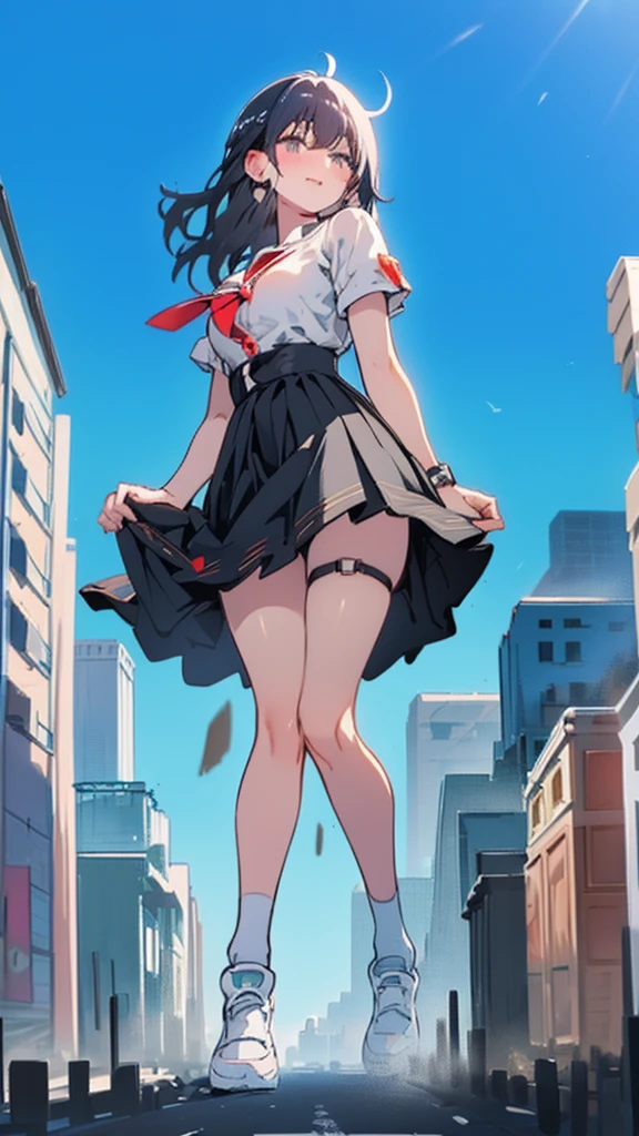 Composition viewed from below　((街の谷間にbackを向けて立っている巨大な女子高生))　((school uniform))　((back))　((Butt))　Short skirt　Big Breasts　　White Bra　Her underwear is visible　Bold line　Watercolor　masterpiece　Highest quality　Anime Style　Delicate painting　4K　90's　giant　Multiple Girls　crowd　Metropolis　crowd　Crowd of people　　Sweating profusely　sneakers　White socks　watch　Black Hair　smile　blue sky　cumulonimbus　female giant giant girl Whole body 　 Crowd Unreal Engine,cleavage ,a drawing of a , earrings, long hair,Cute picture　Beauty　Analog style　whole body　sneakers