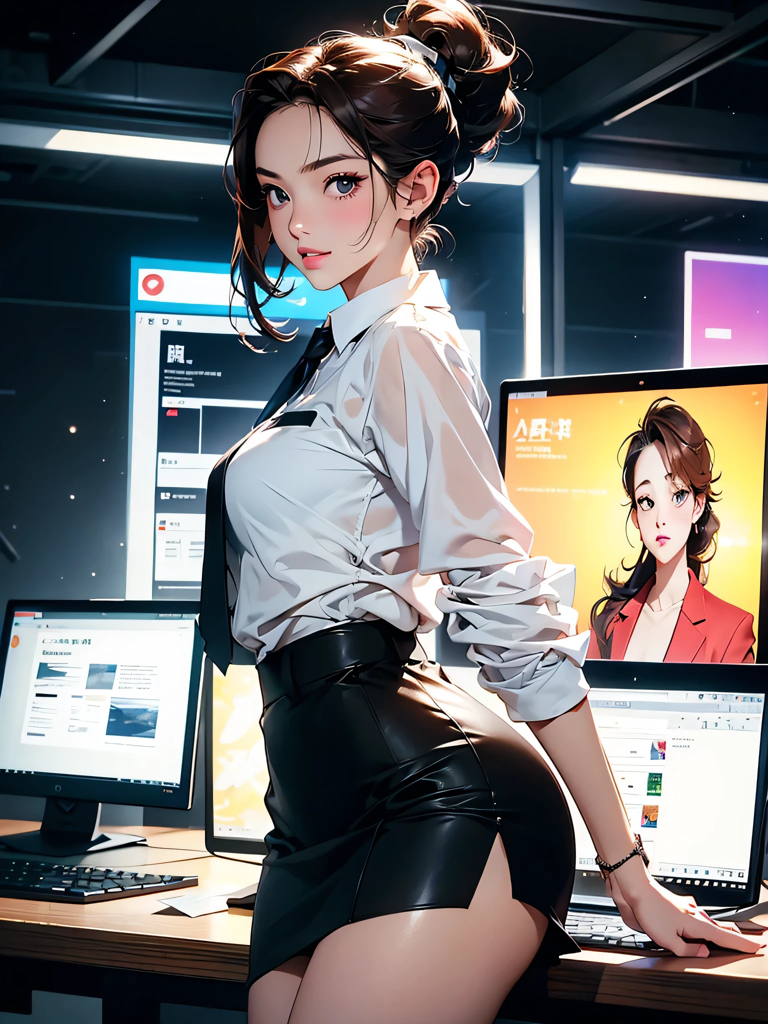masterpiece、high resolution 8k、NSFW、Colorful light lighting、sharp focus、fine skin、table top、 highest quality、Ultra - High resolution、Super high resolution、Highly detailed CG、theme,full body shot、office room with bosany large monitors、Computer on desk、transaction、document、stock、chart screen、Female OL、woman bending down paper、beautiful black eyes、(Detailed face and iace:1 2)、Clean pupils、almond eye)、(reddish brown hair、Medium short ponytail、high top fade:1.3、asymmetrical bangs)、(id card strap)、(Blazer for office wear shortage、white cutter shirt、black pencil skirt、pumps)、(gross、glossy lips、 size) 、(oval face : 1.4)、(thin fingers、fine arms、detailed human hand)、laughter、open your mouth、teeth visible, sexy lady, big ass, big milk, short skirt, close-fitting, high sexual, aurora and stars background, night sky, black stocking, black underwearหน้าม้าระหว่างตา, ผมสีแดง, ผมไล่สี, ผมยาวมากๆ, ผมทัดหูข้างเดียว, หน้าอกใหญ่, ต่างหูรูปพระจันทร์เสี้ยว, หน้าแดง, ยิ้ม, นัยน์ตาสดใส, ปัดแก้มอ่อนๆ, จ้องมอง, เครื่องประดับ,