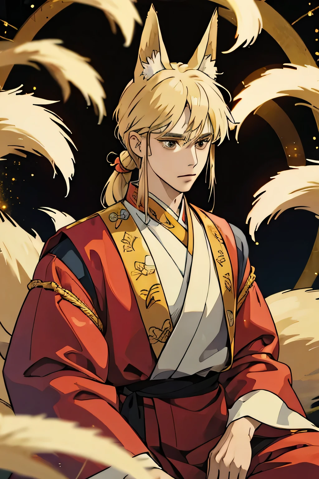 man. Asian clothes. Golden hair. Brown eyes. Fox ears. Eight tails. 