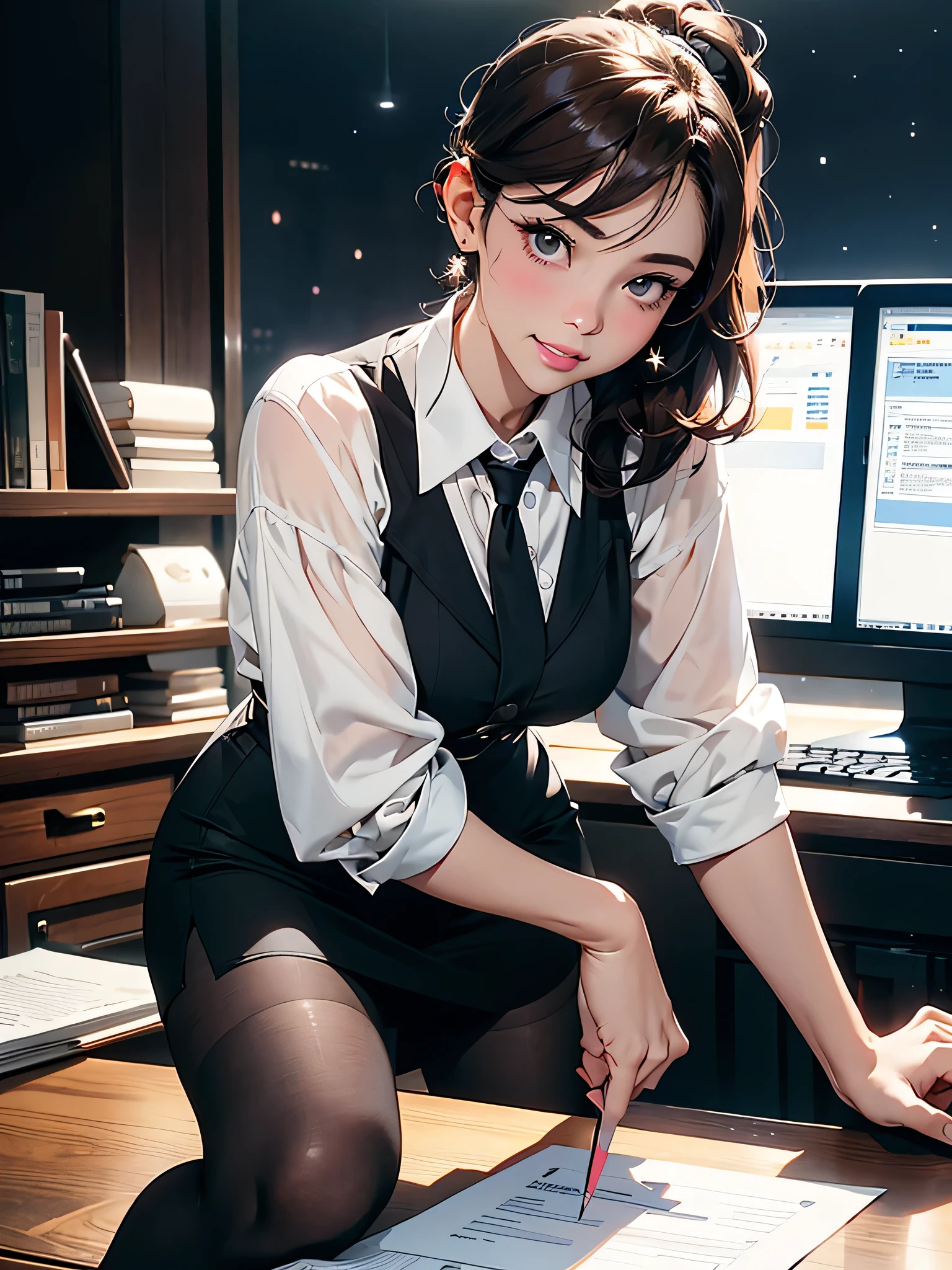 masterpiece、high resolution 8k、NSFW、Colorful light lighting、sharp focus、fine skin、table top、 highest quality、Ultra - High resolution、Super high resolution、Highly detailed CG、theme,full body shot、office room with bosany large monitors、Computer on desk、transaction、document、stock、chart screen、Female OL、woman bending down paper、beautiful black eyes、(Detailed face and iace:1 2)、Clean pupils、almond eye)、(reddish brown hair、Medium short ponytail、high top fade:1.3、asymmetrical bangs)、(id card strap)、(Blazer for office wear shortage、white cutter shirt、black pencil skirt、pumps)、(gross、glossy lips、 size) 、(oval face : 1.4)、(thin fingers、fine arms、detailed human hand)、laughter、open your mouth、teeth visible, sexy lady, big ass, big milk, short skirt, close-fitting, high sexual, aurora and stars background, night sky, black stocking, black underwearหน้าม้าระหว่างตา, ผมสีแดง, ผมไล่สี, ผมยาวมากๆ, ผมทัดหูข้างเดียว, หน้าอกใหญ่, ต่างหูรูปพระจันทร์เสี้ยว, หน้าแดง, ยิ้ม, นัยน์ตาสดใส, ปัดแก้มอ่อนๆ, จ้องมอง, เครื่องประดับ, 
