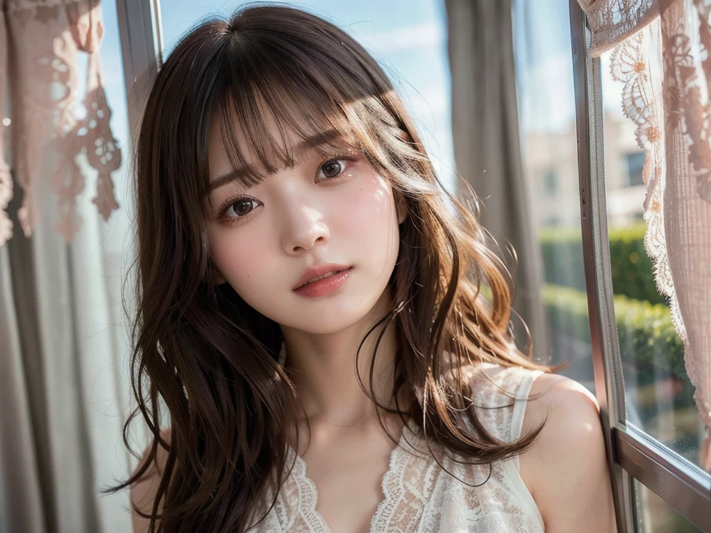 (Highest quality,masterpiece:1.3,超High resolution),(Very detailed,Caustics,8k),(Realistic:1.4,RAW shooting),Super detailed, 超High resolution,18-year-old,Japanese,黒いLong Hair,耳前にLong Hair, (Long Hair:1.2), (Wavy Hair:1.2), (鈍いbangs:1.2), Chest-up shot,Ultra high definition 8K,Highest quality,Very detailedな,masterpiece,Realistic,Rich details,Photographic realism,Very detailedな環境,Very detailedな照明,Very detailedな詳細,,Detailed skin texture,Scattered under the surface,(blush:0.5),Photographic works,A slightly sad expression,Beautiful, shining lips, Detailed face、 bangs, Hair between the eyes, (Tangled in lace curtains:1.5),Looking into the camera,Top view angle,,Natural light, masterpiece, Highest quality, High resolution, ,(Face Focus:1.1),(Face close-up:1.1),Sunset