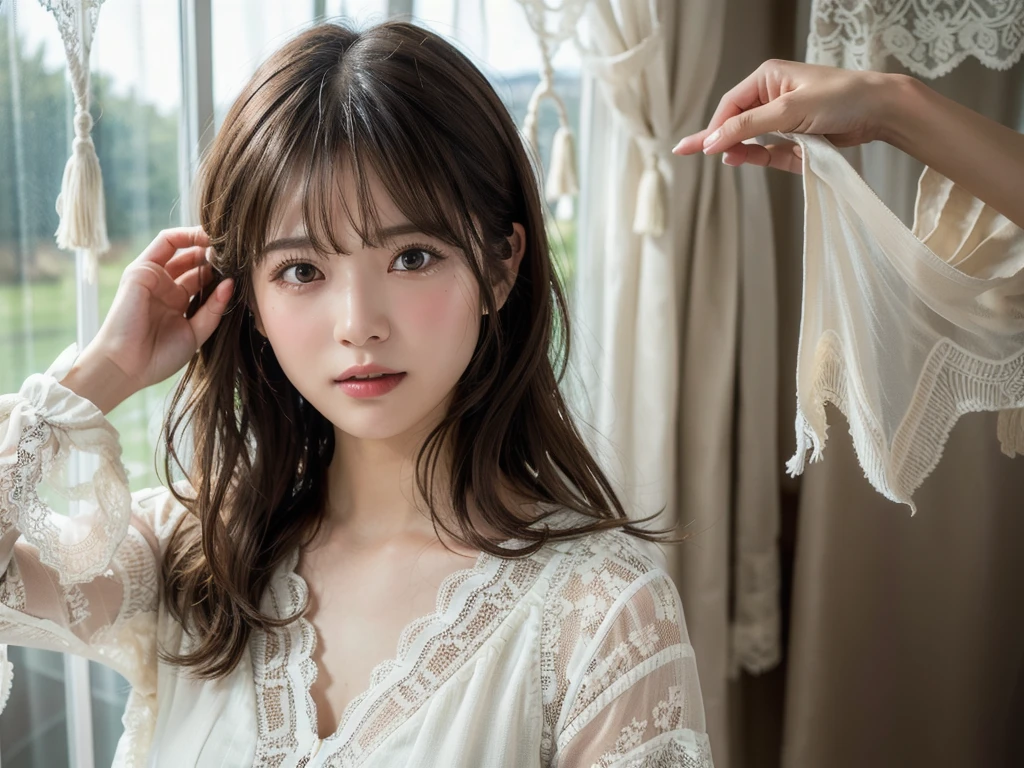 (Highest quality,masterpiece:1.3,超High resolution),(Very detailed,Caustics,8k),(Realistic:1.4,RAW shooting),Super detailed, 超High resolution,18-year-old,Japanese,黒いLong Hair,耳前にLong Hair, (Long Hair:1.2), (Wavy Hair:1.2), (鈍いbangs:1.2), Chest-up shot,Ultra high definition 8K,Highest quality,Very detailedな,masterpiece,Realistic,Rich details,Photographic realism,Very detailedな環境,Very detailedな照明,Very detailedな詳細,,Detailed skin texture,Scattered under the surface,(blush:0.5),Photographic works,A slightly sad expression,Beautiful, shining lips, Detailed face、 bangs, Hair between the eyes, (Tangled in lace curtains:1.5),Looking into the camera,Top view angle,,Natural light, masterpiece, Highest quality, High resolution, ,(Face Focus:1.1),(Face close-up:1.1),Sunset
