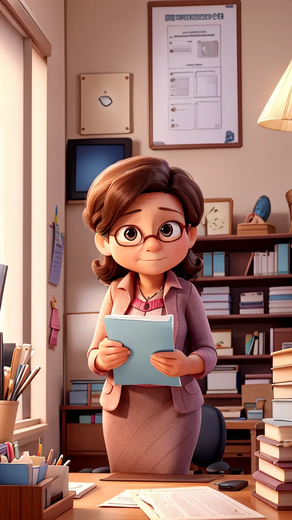 a middle-aged woman, around 40 years old in an office, she is worried, she is looking for important papers on her desk,