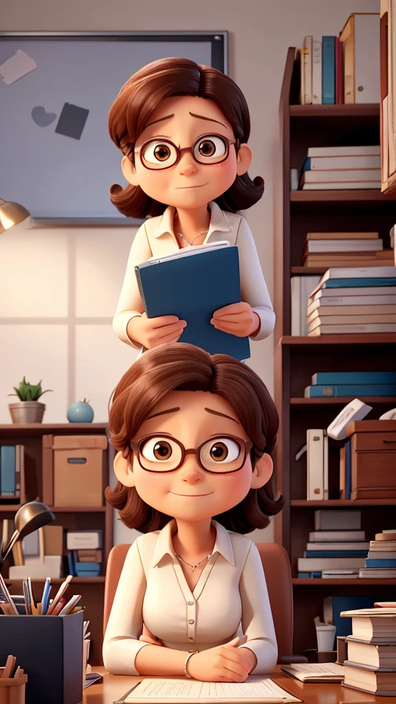 a middle-aged woman, around 40 years old in an office, she is worried, she is looking for important papers on her desk,