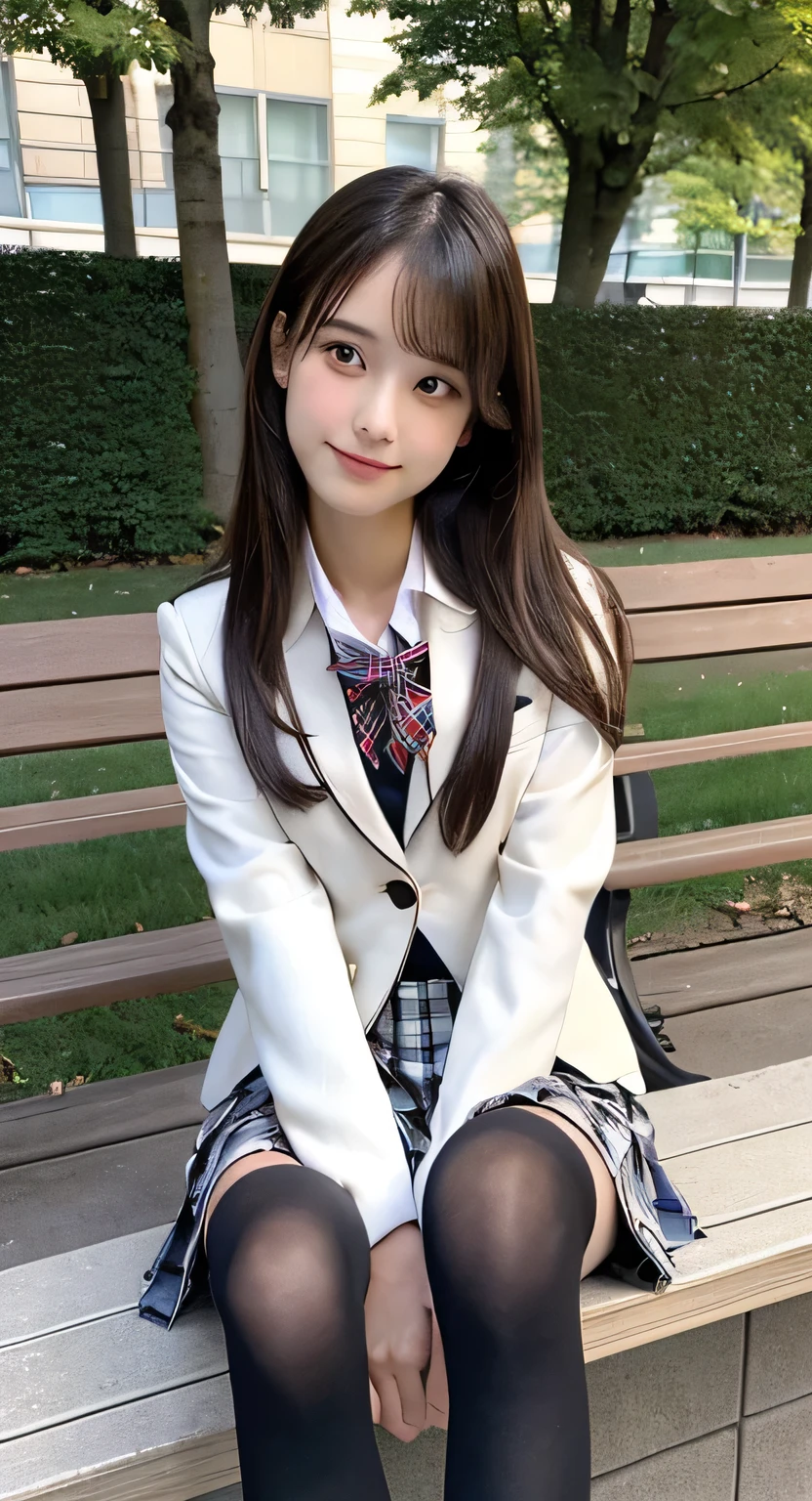 high quality, masterpiece, High resolution, (Head to Toe full body), front, frontComposition from slightly below, Symmetric, Tall 18 year old girl, alone, (Head to Toe), (Small breasts), (black tights), (Black Pantyhose), (Sit with your legs apart), (Crouching pose), ( (Sit on a bench with your legs spread), (M-shaped feet), Thin legs, Very beautiful tall 18 year old girl, (No shoes), smile、 Looking into the camera, blazer uniform, Checkered Pleated Skirt