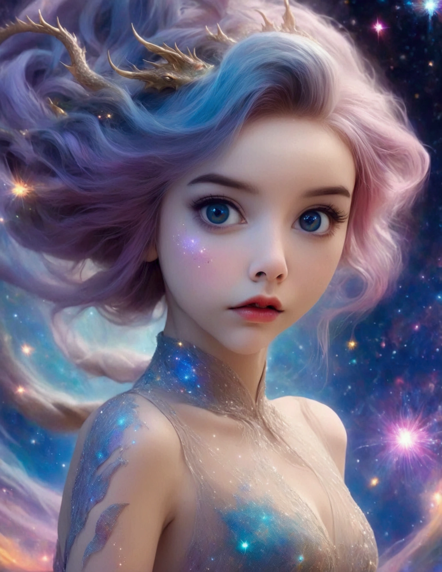 A lovely woman (age 25, sheer airy gown, dragon makeup, big eyes, colorful hair, dancing on a cosmic field of stars, trails of stardust and sparkles