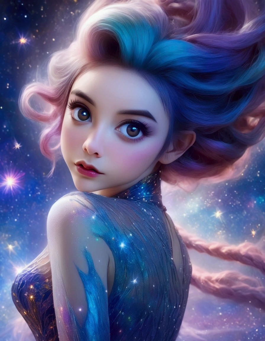 A lovely woman (age 25, sheer airy gown, dragon makeup, big eyes, colorful hair, dancing on a cosmic field of stars, trails of stardust and sparkles