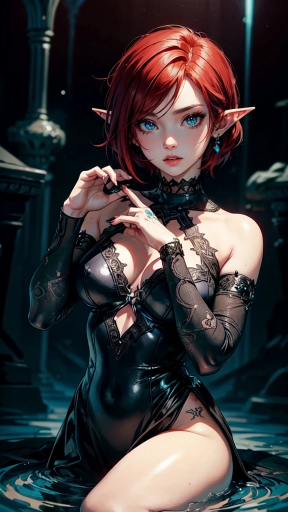 (masterpiece), best quality, emo, emo girl,sadgirl, red hair,cute, tatto, close up,short hair, blue eyes, black clothes, sensual, glowing eyes, asthetic,style, stylish,detailed eyes, detailed hands, detailed face, drops of water, drops, full body, elf woman