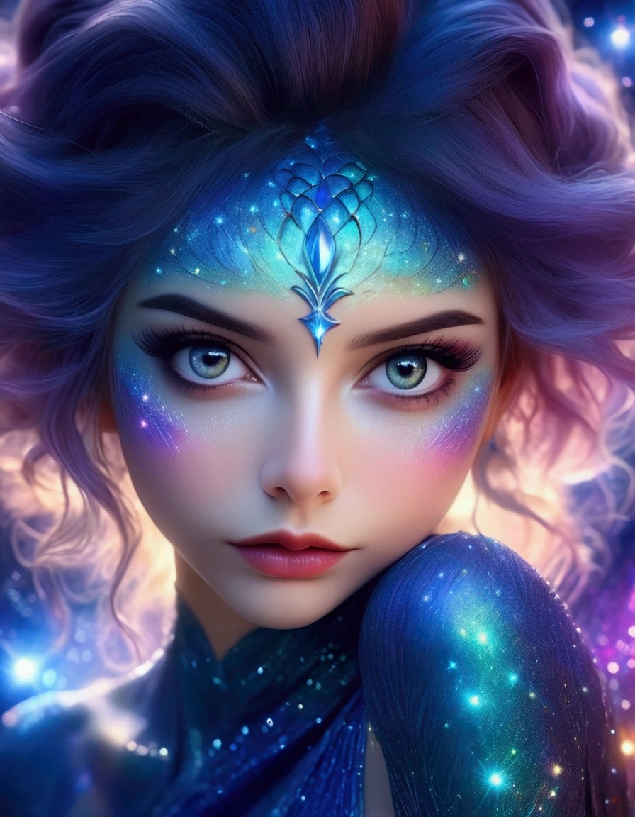 a lovely woman, 25 years old, wearing a sheer airy gown, dragon-inspired makeup, big eyes, colorful hair, dancing on a cosmic field of stars, trails of stardust and sparkles, (best quality,4k,8k,highres,masterpiece:1.2),ultra-detailed,(realistic,photorealistic,photo-realistic:1.37),beautiful detailed eyes,beautiful detailed lips,extremely detailed eyes and face,long eyelashes,fantasy,concept art,dramatic lighting,vibrant colors,glowing skin,ethereal,magical