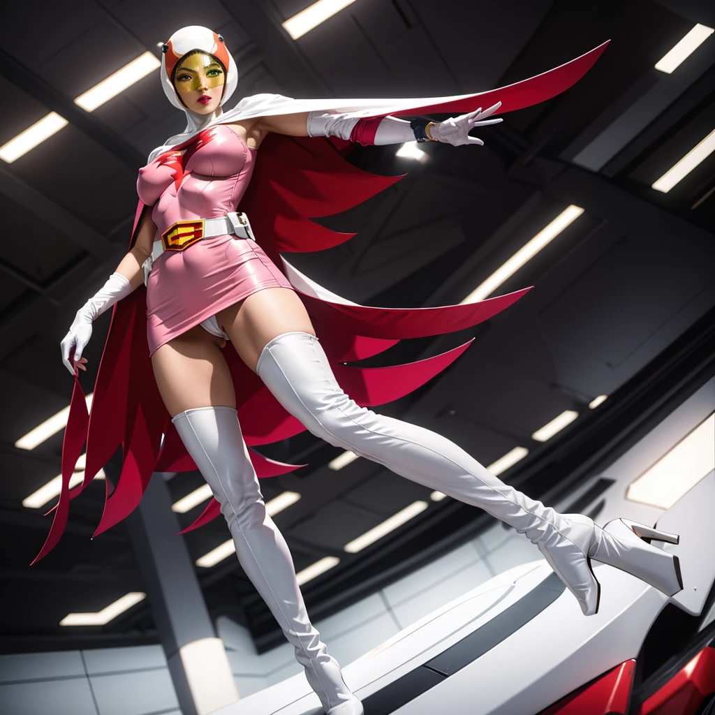 ANI_CLASSIC_jun_gatchaman_ownwaifu,1girl, yo,good anatomy, masterpiece, best quality,realistic, hyperrealistic, 16k hdr, long hair,breasts,green eyes,lips,large breasts,lipstick,makeup,gloves,cape,helmet,belt,elbow gloves,white gloves,mask,ultra miniskirt,leotard,spacesuit,white tight overknee highheels boots,pink dress,superhero,bodysuit,cleavage,erected nipples,(sexy pose,from below:1.2),(spread legs:1.1),cameltoe