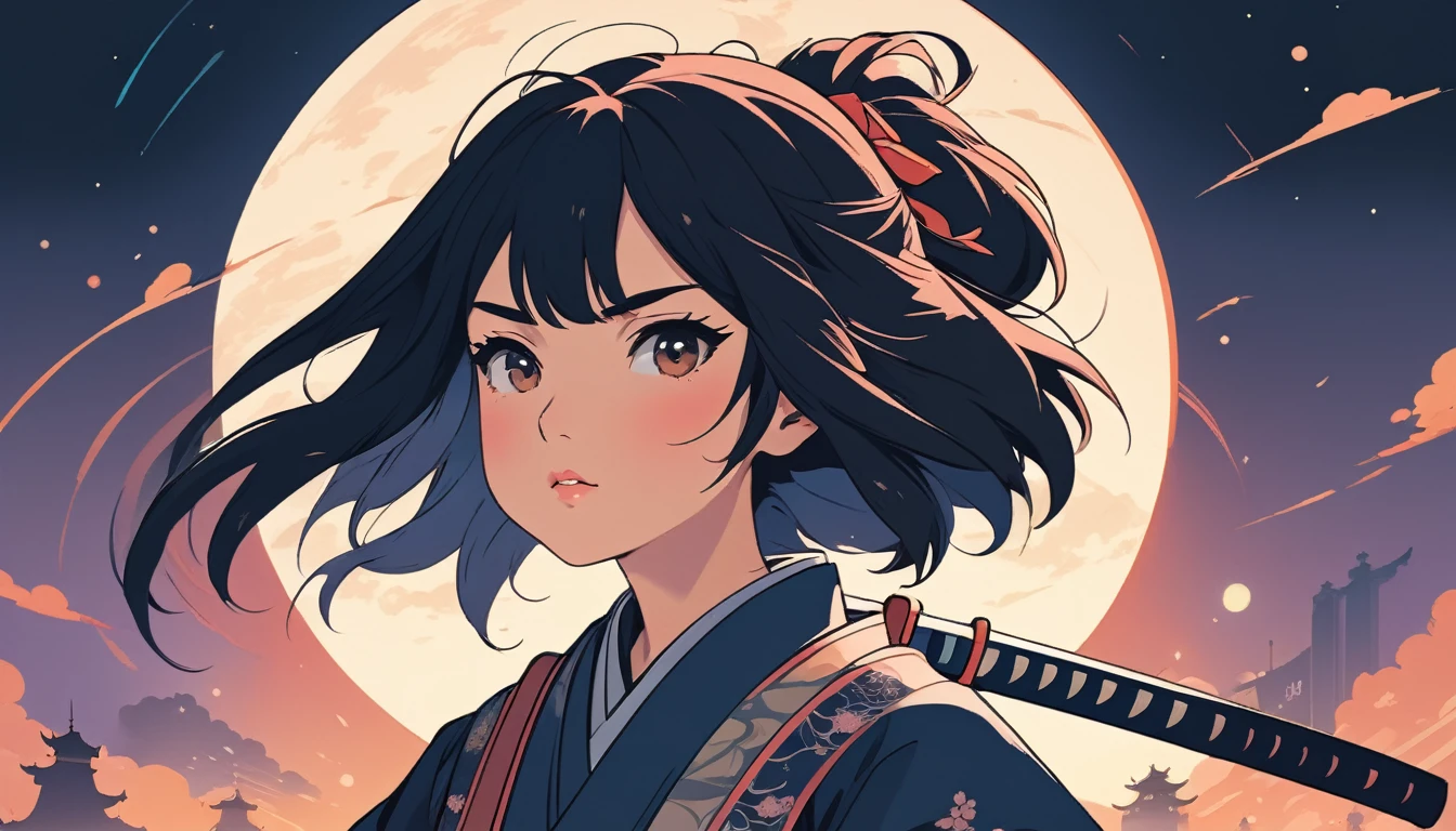 Female samurai, Wide-angle lens, Lofi Anime, Lofi illustration, Aesthetic atmosphere, Lo-Fi Style, Vector art, Flat Design, Simple shape, Warm tones, Pleasant atmosphere, Chill, In anime style, Digital drawing, Vector art, Vector logo for t-shirt printing, (Adorable:1.5), (small:1.4), (Playful:1.2), (soft:1.3), (Whimsical:1.1), masterpiece, Highest quality, 8k, Intricate details, grow, Celestial, Mysterious, Picturesque, amazing, Majestic, Magic, Fantasy art, Cover art, dream-like
