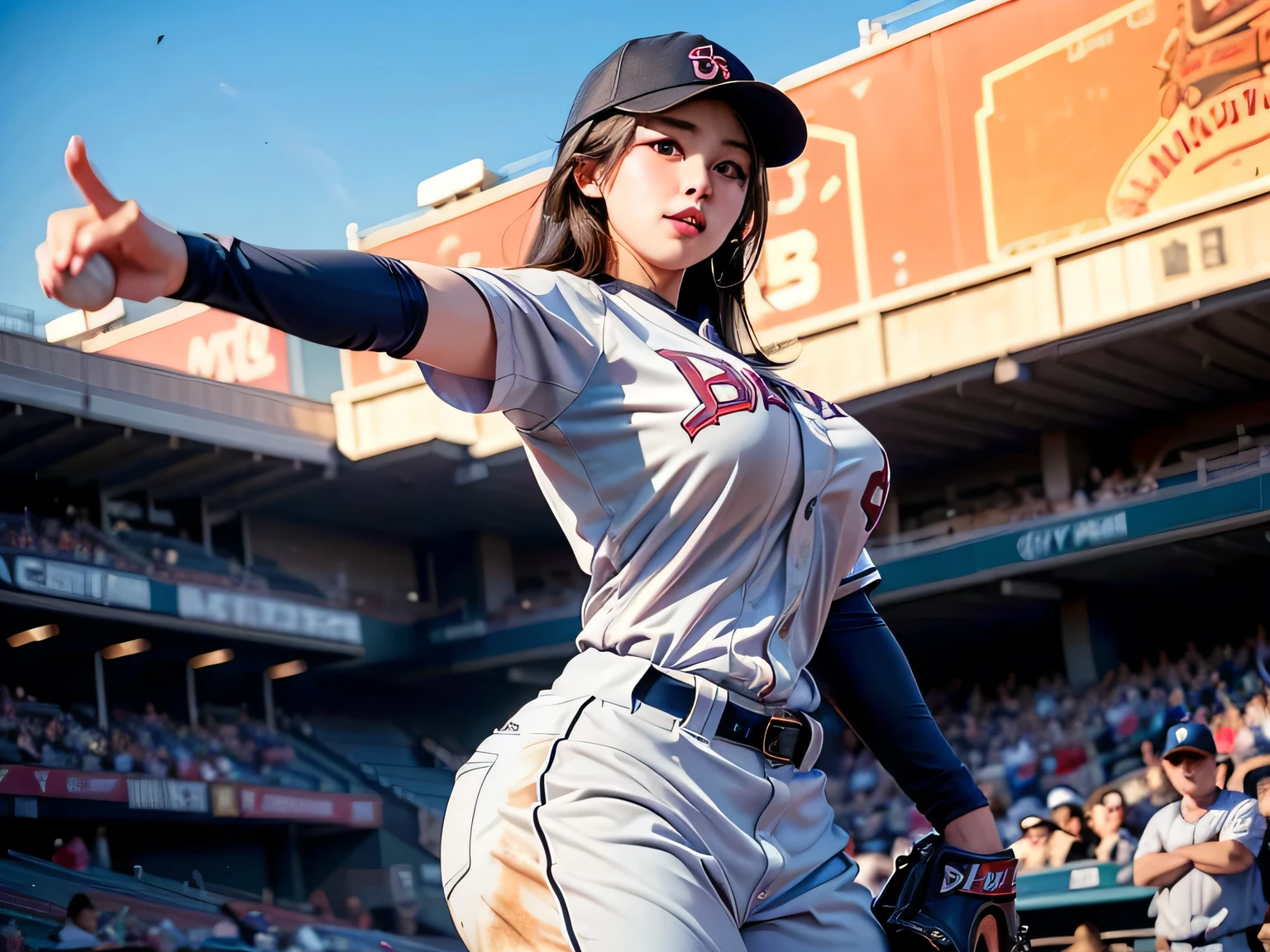 Beautiful Eyes、Remove the black stains in the sky、group_mf, photorealistic, ultra-detailed, (A young and beautiful female baseball player wearing a baseball uniform and playing baseball at the stadium)、(Raw photo)、masterpiece、8k、(Highest quality)、(High resolution:1.3)、Angle from below、Watching the audience、(Perfect Anatomy:1.2)、whole body、Two Girls、Dynamic baseball play、Baseball Stadium、Black Hair、(Super hourglass body type:1.3)、(Super big breasts pointing upwards:1.4)、(Narrow waist)、(Wide super big ass)、(Dynamic baseball pose)、A confident smile、Beautiful and well-proportioned face、Baseball Glove、bat、(realistic,photorealistic,photo-realistic:1.37),dynamic action shot, dramatic lighting, vibrant colors, sports photography,