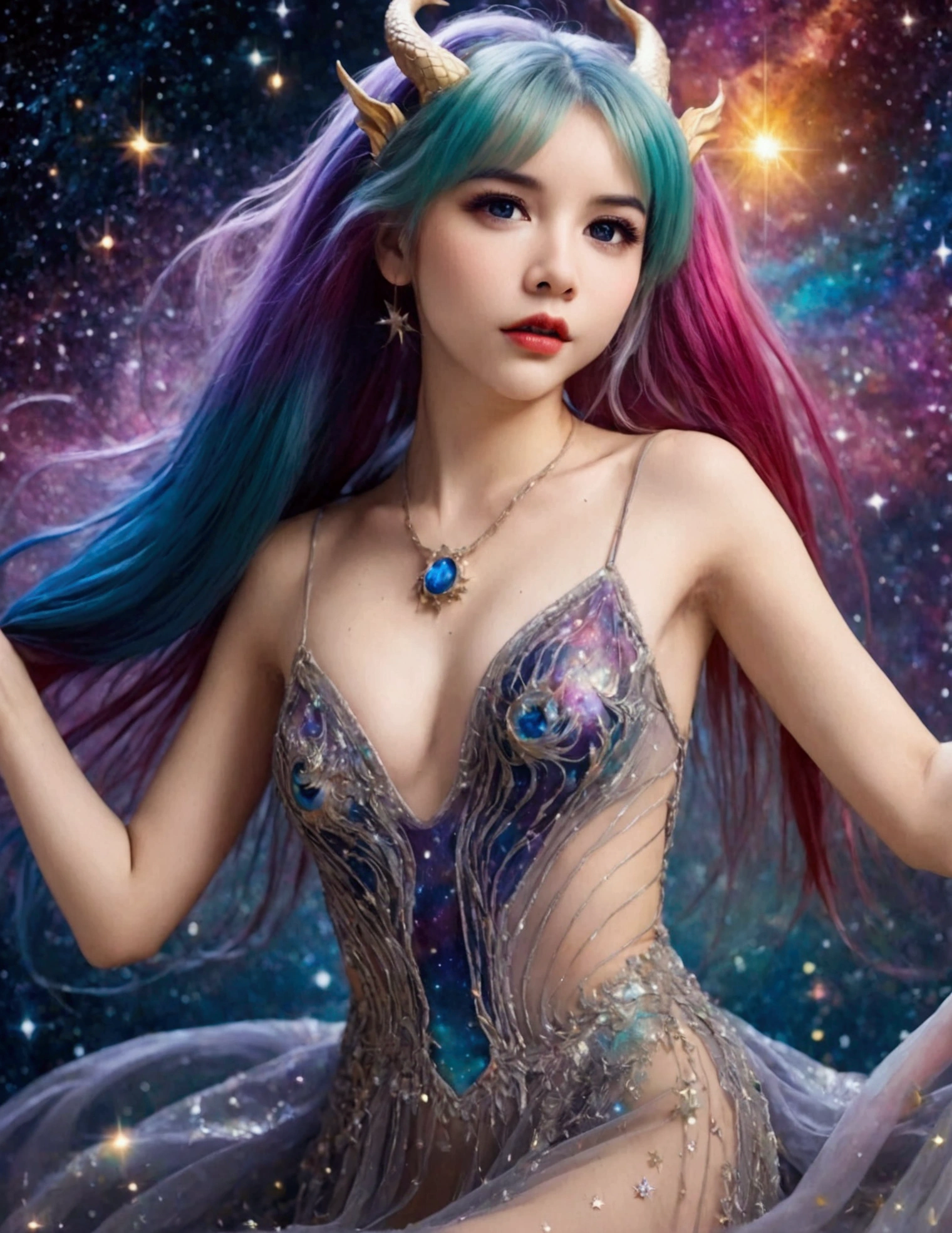 A lovely woman (age 25, sheer airy gown, dragon makeup, big eyes, colorful hair, dancing on a cosmic field of stars, trails of stardust and sparkles
