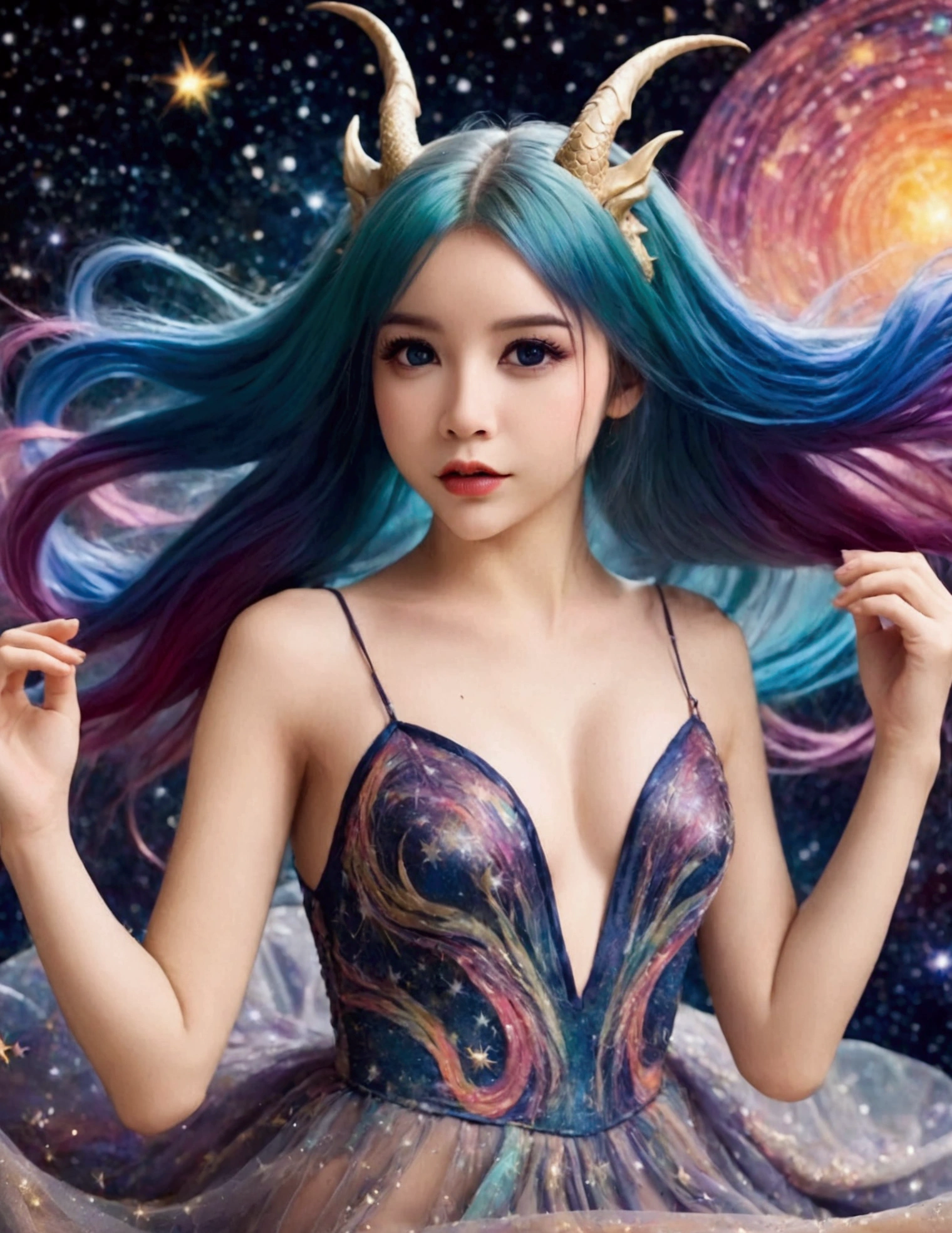 A lovely woman (age 25, sheer airy gown, dragon makeup, big eyes, colorful hair, dancing on a cosmic field of stars, trails of stardust and sparkles
