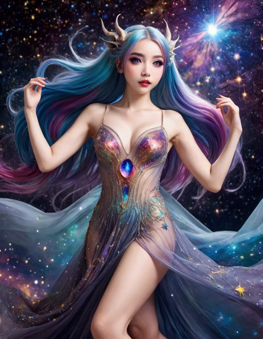 A lovely woman (age 25, sheer airy gown, dragon makeup, big eyes, colorful hair, dancing on a cosmic field of stars, trails of stardust and sparkles
