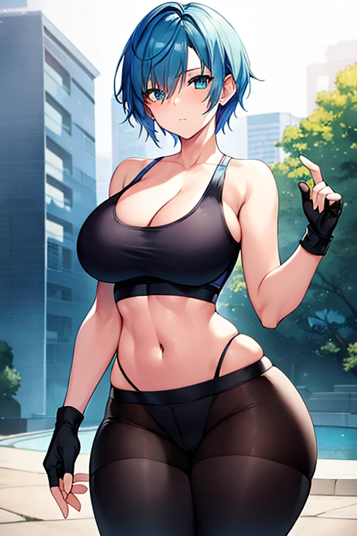 1girl, blue hair, pixie cut, very short hair, green eyes, one eye covered, hair over one eye, hair over eyes, sportswear, sports bra, gloves, black sports bra, pants, belt, forest, , matuale, hourglass figure, glowing eyes, shirt, large breasts, tighs, wide hips, blue trim, highleg panties, string p toned female, tingerless gloves
