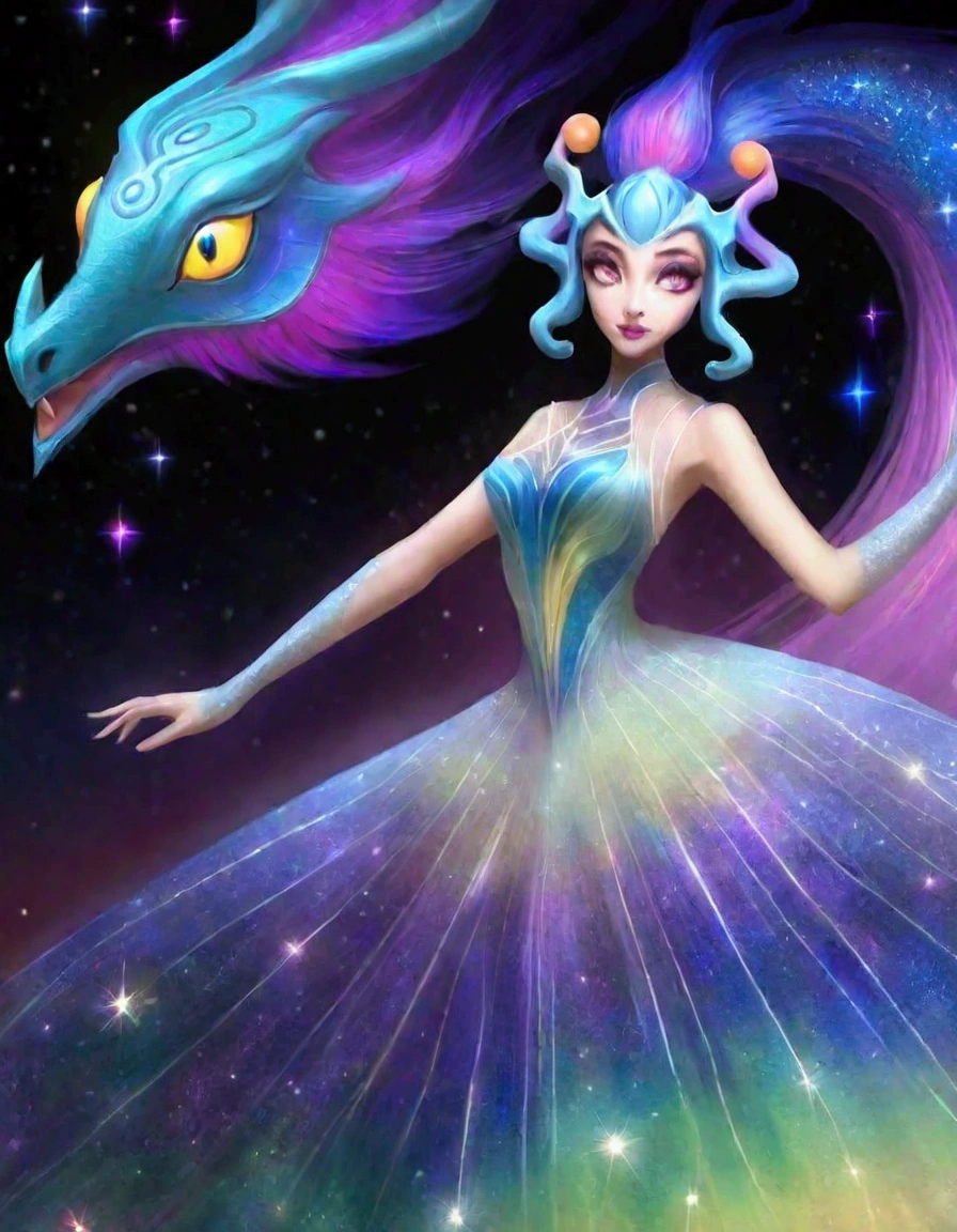 A lovely woman (age 25, sheer airy gown, dragon makeup, big eyes, colorful hair, dancing on a cosmic field of stars, trails of stardust and sparkles
