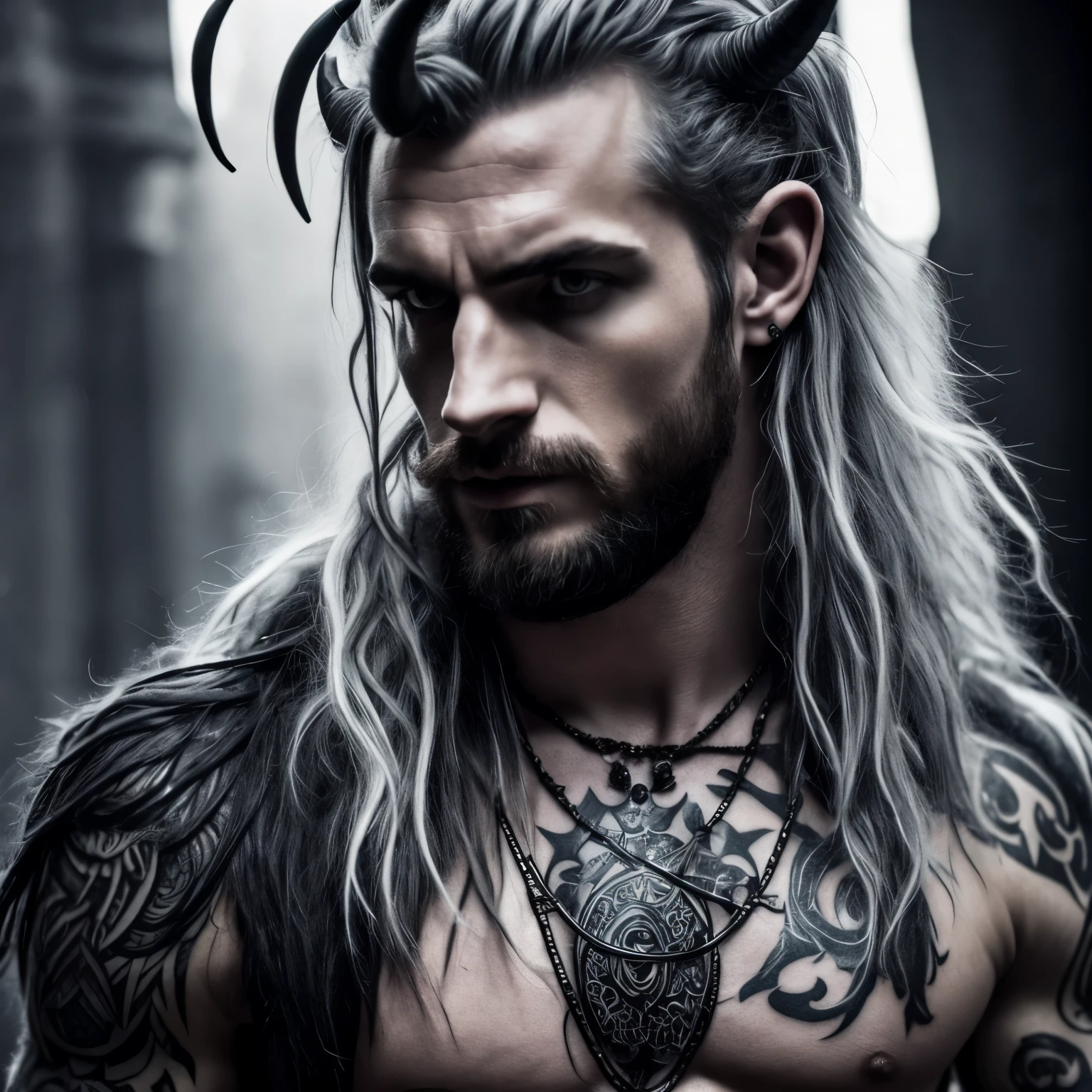 tiefling demon. dark grey mid length shaggy hair,, layered horns, assin, 28 years old, piercings, spikes, facial piercings, pale skin tone, fantasy, tattoos ,male, masculine, large horns, rogue, light muscle tonnage, no lipstick, one broken horn, scars, tattoos, four curled horns, evil features, shirt on, masculine, no facial hair