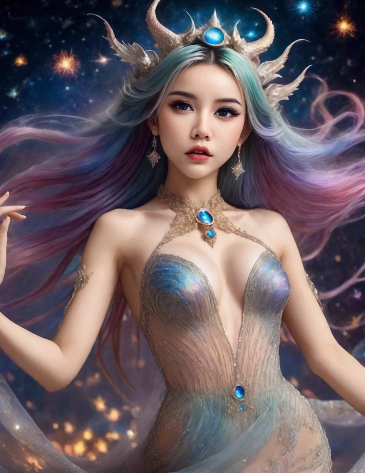 A lovely woman (age 25, sheer airy gown, dragon makeup, big eyes, colorful hair, dancing on a cosmic field of stars, trails of stardust and sparkles